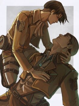 2boys adam&#039;s_apple arizawasan ascot belt belt_buckle blonde_hair bolo_tie border brown_eyes brown_hair brown_jacket buckle closed_eyes closed_mouth collared_jacket commentary english_commentary erwin_smith hand_on_another&#039;s_chest hand_on_another&#039;s_neck head_back highres jacket kneeling lapels levi_(shingeki_no_kyojin) male_focus military_uniform multicolored_hair multiple_belts multiple_boys open_clothes open_jacket outside_border pants paradis_military_uniform parted_lips shingeki_no_kyojin thigh_belt thigh_strap two-tone_hair white_ascot white_border white_pants wing_collar yaoi