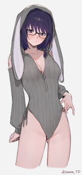 1girl absurdres animal_ears bare_shoulders black-framed_eyewear blush braid breasts cleavage commission cropped_legs detached_sleeves fake_animal_ears floppy_ears frown glasses gluteal_fold highleg highleg_leotard highres hooded_leotard leotard looking_at_viewer medium_breasts medium_hair noa_(mikeyymc) original purple_eyes purple_hair rabbit_ears ribbed_leotard semi-rimless_eyewear side-tie_leotard simple_background skeb_commission solo sooon thighs white_background zipper_pull_tab