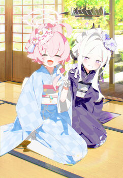 2girls :d absurdres ahoge alternate_costume architecture blue_archive blue_kimono blush bm_tol closed_eyes crossed_bangs day east_asian_architecture facing_viewer fang flower full_body gloves hair_between_eyes hair_bun hair_flower hair_intakes hair_ornament hair_ribbon halo highres hina_(blue_archive) hoshino_(blue_archive) huge_ahoge indoors japanese_clothes kimono long_hair looking_at_viewer multiple_girls obi open_door open_mouth parted_bangs patterned_clothing pink_flower pink_hair pink_halo purple_flower purple_halo purple_kimono ribbon sash shouji sidelocks sitting sliding_doors smile socks tatami tree white_gloves white_hair white_socks wide_sleeves