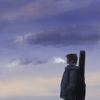 1girl absurdres breath brown_hair cloud film_grain grey_jacket guitar_case highres instrument_case instrument_on_back jacket kamiina_botan_yoeru_sugata_wa_yuri_no_hana nazo_no_anime-dan outdoors profile side_ponytail solo yusa_akane