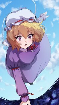 1girl absurdres blonde_hair blush breasts buttons cloud collared_dress contrast_collar day dress gap_(touhou) hat highres jumping long_sleeves maribel_hearn mob_cap neck_ribbon open_mouth purple_dress purple_eyes red_ribbon ribbon short_hair sleeve_ribbon solo space touhou twitter_username white_hat ymg8_3