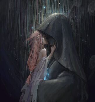 1girl 52hzdelonely animal_ears bare_shoulders chinese_commentary closed_eyes couple detached_sleeves dress eyeliner fox_ears fox_girl from_side genshin_impact glowing highres kiss leaning_forward long_hair long_sleeves low-tied_long_hair makeup mitsudomoe_(shape) outdoors parted_lips pink_hair raiden_shogun rain red_eyeliner shade shaded_face solo standing statue statue_of_the_seven tomoe_(symbol) veil white_dress wide_sleeves yae_miko yuri