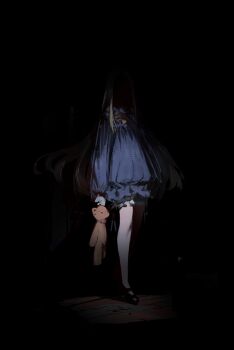 1girl abigail_williams_(fate) abigail_williams_(first_ascension)_(fate) black_dress black_shoes bloomers bow commentary dark darkness dress faceless faceless_female fate/grand_order fate_(series) highres holding holding_stuffed_toy horror_(theme) kuronoiparoma long_hair long_sleeves orange_bow shadow shoes solo standing stuffed_animal stuffed_toy teddy_bear underwear very_long_hair white_bloomers