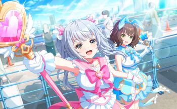2girls :d blurry bow breasts brown_hair choker dress game_cg gloves green_eyes hair_ornament heart highres holding long_hair looking_at_viewer magical_girl multiple_girls open_mouth senju_iroha shiromaru_mito short_hair skirt sleeveless smile third-party_source twintails wand white_gloves world_dai_star