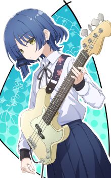 1girl bass_guitar blue_hair blue_skirt bocchi_the_rock! commentary_request guitar highres holding holding_guitar holding_instrument instrument pleated_skirt ryuga_(balius) shirt short_hair skirt solo white_shirt yamada_ryo yellow_eyes