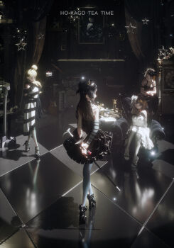 3d 4girls akiyama_mio arm_behind_back arms_behind_back asymmetrical_hair bare_shoulders black_dress black_footwear black_gloves black_hair black_headwear black_ribbon blonde_hair blue_sleeves book box breasts brown_eyes brown_hair cake cake_slice cane chair checkered_floor clock closed_mouth crossed_legs curtains detached_sleeves don&#039;t_say_&quot;lazy&quot; dress drum drum_set elbow_gloves electric_guitar english_text female_focus fen_bang_laoda flower food frilled_dress frills from_above from_behind fruit full_body gift gift_box gloves gothic_lolita guitar hair_bun hair_flower hair_ornament hair_ribbon hand_up hat heel_up high_heels highres hirasawa_yui ho-kago_tea_time holding holding_flower holding_plate indoors instrument k-on! keytar korg kotobuki_tsumugi light_particles lolita_fashion long_hair looking_back matching_hair/eyes medium_breasts milkshake mini_hat mini_top_hat multiple_girls on_chair own_hands_together painting_(object) pantyhose picture_frame plate red_flower red_rose reflection ribbon roman_numeral rose shoes short_dress short_hair sidelocks single_detached_sleeve single_hair_bun sitting sleeveless sleeveless_dress standing star_(symbol) strawberry striped_clothes striped_dress table tainaka_ritsu tilted_headwear top_hat watson_cross white_dress white_flower white_footwear white_gloves white_legwear white_ribbon yamaha
