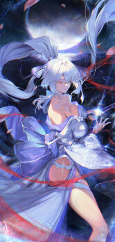 Rule 34 | 1girl, absurdres, bare shoulders, breasts, colored eyelashes, commentary, english commentary, from side, glint, highres, hiyuki (wuthering waves), holding, holding sword, holding weapon, japanese clothes, katana, kimono, large breasts, long hair, looking at viewer, looking to the side, mole, mole on shoulder, nadenadesuki, off shoulder, parted lips, ponytail, red eyes, solo, sword, tacet mark (wuthering waves), turning head, weapon, white eyelashes, white hair, white kimono, wuthering waves