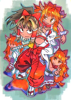 Rule 34 | 4girls, :d, absurdres, belt bow, blush, blush stickers, bow, brown hair, brown horns, brown shoes, cuffs, detached sleeves, footwear ribbon, gohei, gradient background, hair bow, hair tubes, hakama, hakurei reimu, half-closed eye, hand on another&#039;s arm, hand on own hip, highres, holding, holding gohei, horn ornament, horn ribbon, horns, ibuki suika, inuyama konan, japanese clothes, long hair, medium hair, multicolored eyes, multicolored skirt, multiple girls, multiple hair bows, oni, open mouth, orange eyes, orange hair, purple ribbon, red bow, red hakama, ribbon, sandals, shackles, shirt, shoes, shoulder blush, skirt, smile, thick eyebrows, touhou, v, very long hair, white shirt, yellow eyes, zouri