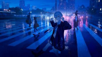 1boy 3girls absurdres after_rain bag baggy_pants bare_shoulders black_boots black_coat black_dress black_hair black_hat black_jacket black_necktie black_shoes black_shorts black_skirt black_thighhighs blue_sky boots braid breasts briefcase building bus car city city_lights cityscape coat collared_shirt crop_top cropped_shirt crosswalk double-parted_bangs double_v dress floral_print floral_print_jacket frilled_skirt frills from_side garter_straps green_eyes gyoukan_(jfxc) hair_between_eyes hand_on_own_head hat head_tilt high_heel_boots high_heels highres hood hood_down hooded_coat intersection jacket lamppost large_breasts leg_warmers light_reflection_(water) long_hair looking_at_viewer midriff motor_vehicle multi-lane_road multiple_girls navel necktie neon_lights night night_sky off_shoulder open_clothes open_jacket original outdoors pants pedestrian_lights pleated_skirt puddle red_light reflection reflective_surface road scenery shirt shoes short_hair shorts shoulder_bag skirt sky sleeveless sleeveless_dress solo_focus street thigh_strap thighhighs traffic traffic_light twin_braids v very_long_hair walking wet_ground white_hair white_jacket white_leg_warmers witch_hat