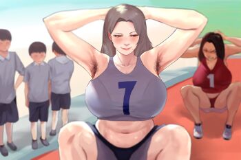 2girls 3boys absurdres angry armpit_hair armpits arms_behind_head arms_up bare_arms bare_legs belly black_shorts blurry blurry_background blush breasts collarbone commentary commentary_request english_commentary faceless faceless_male from_behind grey_hair grey_shirt grey_shorts grey_sports_bra highres jukushuu_no_ie large_breasts long_hair looking_at_another mature_female mixed-language_commentary mole mole_under_mouth multiple_boys multiple_girls navel original parted_bangs shirt short_sleeves shorts smile sports_bra track_and_field