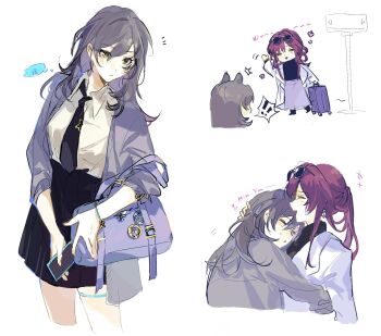 2girls ^^^ ^_^ alternate_costume badge bag black_necktie black_skirt bracelet button_badge chinese_commentary closed_eyes coat collared_shirt commentary_request cowboy_shot cropped_legs cropped_torso eyewear_on_head grey_jacket hand_on_another's_head headpat highres holding holding_bag holding_phone honkai:_star_rail honkai_(series) hug jacket jewelry kafka_(honkai:_star_rail) medium_hair motuwangchuan multiple_girls multiple_views necktie notice_lines open_clothes open_coat open_jacket open_mouth phone ponytail purple_hair purple_skirt rolling_suitcase sequential shirt simple_background skirt sleeves_rolled_up smile standing stelle_(honkai:_star_rail) suitcase sunglasses thigh_strap trailblazer_(honkai:_star_rail) waving white_background white_coat white_shirt yellow_eyes yuri