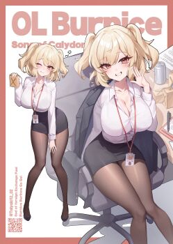 1girl ;p absurdres alternate_costume artist_name barcode black_jacket black_pantyhose black_shoes black_skirt blonde_hair blush boots breasts burnice_white can chair cleavage clipboard collared_shirt commentary_request computer computer_keyboard desk dress_shirt drink_can full_body grin hand_up high-waist_skirt high_heels highres holding id_card jacket jacket_on_shoulders lanyard large_breasts leaning_forward long_sleeves looking_at_viewer monitor multiple_views office_chair office_lady on_chair one_eye_closed pantyhose paper paper_stack pen pencil_skirt pumps red_eyes shirt shoes short_hair simple_background sitting skirt smile squeans standing swivel_chair taiyaki12 thighs tongue tongue_out twintails twitter_username two_side_up white_background white_shirt zenless_zone_zero