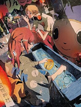 Rule 34 | 2boys, 2girls, alternate hairstyle, blowing bubbles, brown hair, bubble pipe, commentary, earrings, english commentary, eyelashes, festival, floral print, floral print kimono, goldfish scooping, hair ornament, hairclip, half updo, hanamura yousuke, headphones, headphones around neck, highres, jack frost (megami tensei), japanese clothes, jewelry, jojidoboro, kimono, kujikawa rise, kuma (persona 4), multiple boys, multiple girls, persona, persona 4, poi (goldfish scoop), print kimono, red hair, satonaka chie