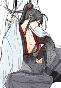 2boys ahoge aslle black_boots black_hair black_hanfu blanket boots chinese_clothes closed_eyes closed_mouth clothes_blanket commentary_request covering_with_blanket hanfu head_out_of_frame highres holding holding_blanket indian_style lan_wangji long_hair male_focus modao_zushi multiple_boys open_clothes partially_colored pectoral_cleavage pectorals ponytail robe sash sidelocks sitting sketch sleeping sleeping_upright sleeves_past_wrists solo_focus wei_wuxian white_background white_hanfu wide_sleeves yaoi