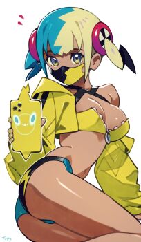 1girl absurdres aqua_bikini aqua_hair arm_support artist_name ass bikini black_bikini black_mask black_trim blonde_hair breasts canari_(pokemon) cleavage double_vertical_stripe french_nails gradient_eyes green_nails hair_ornament highres holding_pokedex jacket leaning_to_the_side lightning_bolt_symbol looking_at_viewer lounging mask medium_breasts midriff mouth_mask multicolored_bikini multicolored_eyes multicolored_hair nintendo notice_lines off_shoulder on_ground open_clothes open_jacket optionaltypo partially_unzipped pokedex pokemon pokemon_legends:_z-a purple_eyes short_hair short_twintails signature sitting solo swimsuit twintails two-tone_hair two-tone_mask yellow_bikini yellow_eyes yellow_jacket yellow_mask yokozuwari zipper zipper_bikini zipper_pull_tab