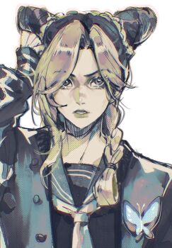 1girl arm_up black_hair black_jacket black_sailor_collar black_shirt blonde_hair braid braided_ponytail cone_hair_bun curtained_hair double_bun elicooc green_lips hair_bun highres jacket jojo_no_kimyou_na_bouken kuujou_jolyne lipstick long_hair long_sleeves looking_at_viewer makeup multicolored_hair neckerchief open_clothes open_jacket parted_lips sailor_collar shirt sleeves_past_wrists solo stone_ocean two-tone_hair upper_body white_background white_neckerchief