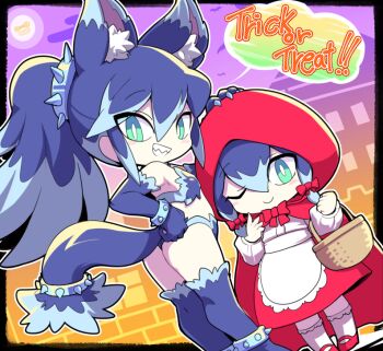 2girls animal_ears blush bright_pupils commentary_request cosplay dutch_angle elbow_gloves english_text from_behind fubukihime full_moon gloves green_eyes grin halloween_costume high_ponytail little_red_riding_hood_(fairy_tale_character) little_red_riding_hood_(fairy_tale_character)_(cosplay) looking_at_viewer looking_back moon multicolored_hair multiple_girls nollety one_eye_closed ponytail sharp_teeth sidelocks smile tail teeth thighhighs traditional_youkai trick_or_treat two-tone_hair whisper_(youkai_watch) white_pupils wolf_ears wolf_tail youkai_(youkai_watch) youkai_watch yuki_onna yukionna_(youkai_watch)