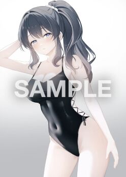 1girl arm_behind_head black_hair black_one-piece_swimsuit blue_eyes breasts cleavage commentary_request commission covered_navel cowboy_shot dot_nose double-parted_bangs gradient_background grey_background hair_intakes hair_ornament hair_scrunchie high_ponytail large_breasts long_hair looking_at_viewer one-piece_swimsuit original parted_lips ponytail protected_link sample_watermark scrunchie sidelocks simple_background skeb_commission solo swimsuit tsuruse watermark webp-to-png_conversion white_background white_scrunchie