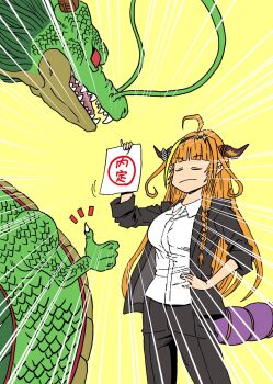 Rule 34 | 1girl, ahoge, black hairband, black jacket, black pants, blonde hair, braid, breasts, commentary request, dragon, dragon ball, dragon girl, dragon horns, dragon tail, eastern dragon, empty eyes, hairband, hands on own hips, highres, holding, holding paper, hololive, horns, jacket, kiryu coco, large breasts, lee (dragon garou), long hair, multicolored hair, orange hair, pants, paper, pointy ears, shenron (dragon ball), shirt, side braid, streaked hair, tail, thumbs up, translation request, two-tone hair, untucked shirt, virtual youtuber, white shirt