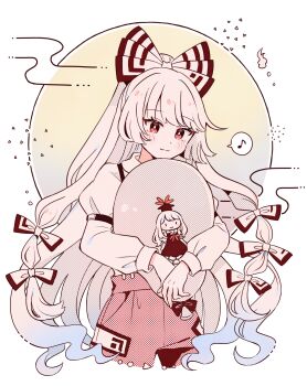 1girl balloon blush bow character_doll collared_shirt commentary_request cropped_legs doll egasumi fujiwara_no_mokou hair_bow halftone highres holding holding_balloon juliet_sleeves kamishirasawa_keine long_hair long_sleeves mozukuzu_(manukedori) multiple_hair_bows musical_note ofuda ofuda_on_clothes pants puffy_sleeves red_eyes red_pants shirt sidelocks solo spoken_musical_note touhou very_long_hair white_hair white_shirt