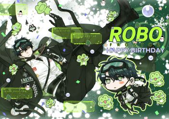 1boy animal_print barcode barcode_tattoo birthday black_boots black_gloves black_hair black_jacket black_mask boots chibi chibi_inset crosshair ear_piercing earrings falling frog frog_print gloves goggles goggles_on_head green_background green_eyes hair_ornament hairclip happy_birthday heads-up_display heart heart_sticker highres id_card jacket jewelry kumacandy_kku lanyard male_focus mask mechanical_hands mouth_mask neck_tattoo necklace pearl_hair_ornament pearl_necklace piercing robo_frostor screw shirt shoes skoshism star_(symbol) star_sticker sticker stud_earrings tattoo upside-down user_interface virtual_youtuber white_background white_shirt