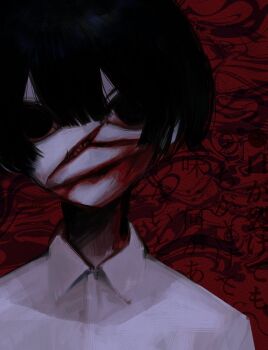 1boy black_eyes black_hair bleeding blood body_horror enununu0 guro highres male_focus no_mouth original portrait red_background shirt short_hair solo