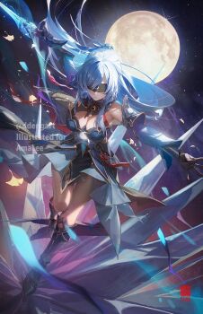 1girl artist_name bare_shoulders black_gloves blindfold blue_dress breasts chinese_clothes cleavage closed_mouth daniel_deng detached_sleeves dress gloves hair_between_eyes high_ponytail highres honkai:_star_rail honkai_(series) jian_(weapon) jingliu_(honkai:_star_rail) large_breasts long_hair medium_breasts moon ponytail star_(sky) sword thighs weapon