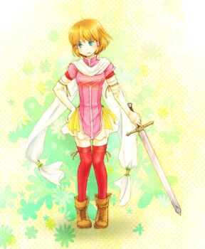 1girl bikke3 blonde_hair blue_eyes breasts commentary_request fire_emblem fire_emblem:_path_of_radiance full_body hair_tubes holding holding_sword holding_weapon mist_(fire_emblem) nintendo official_alternate_costume short_hair small_breasts solo sword thighhighs thighs weapon zettai_ryouiki