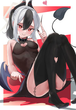 1girl absurdres alternate_costume belt_collar black_hair black_horns black_nails black_shirt black_skirt black_thighhighs blue_archive blush border breasts bright_pupils cleavage_cutout closed_mouth clothing_cutout collar commentary convenient_leg covered_erect_nipples demon_girl demon_horns demon_tail demon_wings double-parted_bangs eyelashes fang fingernails foot_out_of_frame grey_halo hair_between_eyes halo hand_up heart heart_cutout highres horns kayoko_(blue_archive) knees_together_feet_apart knees_up koutannkoburia leg_cutout legs long_fingernails long_hair looking_at_viewer low_wings lying miniskirt multicolored_hair no_bra no_shoes on_back outside_border pleated_skirt ponytail red_background red_eyes shadow sharp_fingernails shirt sidelocks simple_background skin_fang skirt sleeveless sleeveless_shirt small_breasts smile solo tail tail_raised thighhighs thighs tsurime two-tone_background two-tone_hair vampire white_background white_border white_hair white_pupils wings
