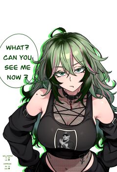 1girl absurdres black_tank_top boku_no_hero_academia breasts collar covered_navel crop_top detached_sleeves english_text fishnet_leotard fishnets green_eyes green_hair hagakure_toru highres john_cena large_breasts leotard looking_at_viewer multicolored_hair pink_hair print_tank_top redpostit simple_background solo speech_bubble spiked_collar spikes symbol-shaped_pupils tank_top unusually_visible white_background