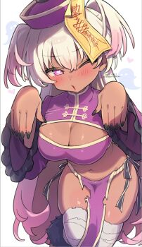 1girl ;o bandaged_leg bandages black_nails blonde_hair blush breasts cleavage commentary_request crop_top dark-skinned_female dark_skin ghost_pose gradient_hair hair_between_eyes halloween_costume hat heart heart-shaped_pupils highres iona_(trente) jiangshi jiangshi_costume large_breasts loincloth long_hair long_sleeves looking_at_viewer midriff multicolored_hair nail_polish navel ofuda ofuda_on_head one_eye_closed original pelvic_curtain pink_eyes pink_hair purple_hat purple_loincloth purple_shirt qingdai_guanmao shirt simple_background solo symbol-shaped_pupils thighhighs torn_clothes trente twitter_username two_side_up very_long_hair white_background white_thighhighs wide_sleeves
