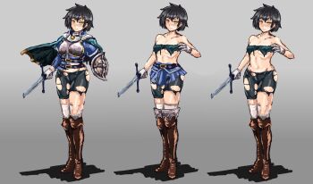 1girl armor armor_break belt bike_shorts black_hair blush boots breasts broken broken_sword broken_weapon buckler cape reference_sheet chest_belt commentary_request frown full_body highres holding holding_sword holding_weapon knee_high_boots leather leather_boots looking_at_viewer medium_breasts original rapier shield short_hair simple_background skirt smile solo standing sword thighhighs torn_clothes udetamago weapon yellow_eyes