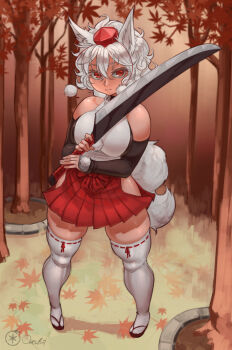 1girl absurdres animal_ears autumn autumn_leaves breasts detached_sleeves falling_leaves forest full_body geta hat highres holding holding_leaf inubashiri_momiji japanese_clothes leaf leaf_print light_smile maple_leaf miko nature ourobot pom_pom_(clothes) red_eyes ribbon_trim shield short_hair skirt solo sword tail thick_thighs thighhighs thighs tokin_hat touhou tree weapon wolf_ears wolf_tail