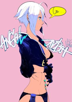 1girl angel_(kof) ass blue_eyes breasts female_focus jacket jinbei0608 leather medium_breasts pale_skin panties short_hair the_king_of_fighters thick_thighs thighs underwear