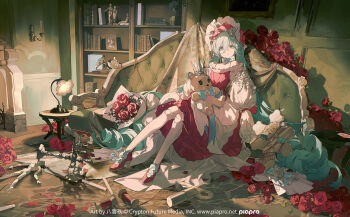 Rule 34 | 1girl, aqua bow, aqua hair, bonnet, book, bookshelf, bow, candle, candlestand, commentary request, company name, couch, desk lamp, dress, flower, hatsune miku, high heels, lamp, long hair, long sleeves, looking at viewer, nine (liuyuhao1992), on couch, red dress, red flower, red rose, rose, sitting, solo, thighhighs, twintails, very long hair, vocaloid, white sleeves, white thighhighs, yellow eyes