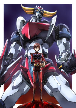 1boy bodysuit brown_hair duke_fleed gloves grendizer grendizer_(grendizer_u) grendizer_u helmet highres holding horns looking_at_viewer male_focus mazinger_(series) mecha pilot_suit robot science_fiction short_hair super_robot taiga_hiroyuki ufo_robo_grendizer yellow_eyes