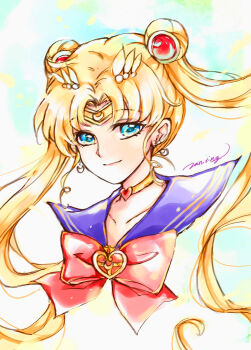 1girl absurdres bishoujo_senshi_sailor_moon blonde_hair blue_background blue_eyes blue_sailor_collar bow bowtie choker circlet closed_mouth collarbone crescent crescent_earrings crescent_facial_mark cropped_shoulders double_bun earrings facial_mark forehead_mark gold_circlet hair_bun hair_ornament happy heart heart_choker highres jewelry lan_sing light_blush light_particles long_hair magical_girl parted_bangs pointy_nose red_bow red_bowtie sailor_collar sailor_moon signature smile solo tsukino_usagi twintails two-tone_background very_long_hair wavy_hair white_background wing_hair_ornament yellow_choker