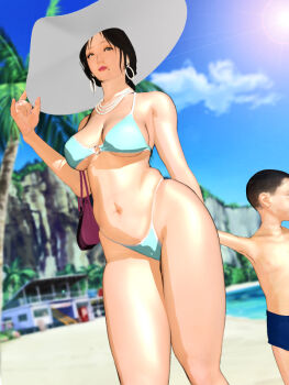 1boy 1girl age_difference arm_behind_back bag beach bikini black_hair blue_bikini blue_sky blurry blurry_background breasts cleavage cloud day earrings hand_on_headwear handbag hat highleg highleg_bikini hoop_earrings jewelry kill_the_king large_breasts lips long_hair looking_at_viewer mature_female mole mole_under_mouth navel necklace o-ring o-ring_bikini onee-shota outdoors palm_tree pearl_necklace sky solo_focus standing sun_hat swimsuit tree underboob white_headwear