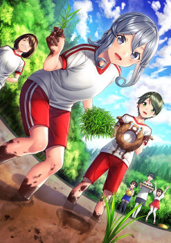 6+girls aged_down akagi_(kancolle) alternate_costume arms_up black_hair black_legwear blue_eyes blue_hair blush brown_eyes brown_hair closed_eyes closed_mouth cloud collarbone commentary_request crying day dirty enemy_lifebuoy_(kancolle) field gotland_(kancolle) green_eyes green_hair grimace gym_uniform hair_between_eyes hair_bun hakama hakama_short_skirt hakama_skirt holding holding_tray houshou_(kancolle) hyuuga_(kancolle) japanese_clothes kaga_(kancolle) kantai_collection kettle long_hair looking_at_viewer mogami_(kancolle) mole mole_under_eye mountain mud multiple_girls open_mouth outdoors pain planting rice_paddy rice_planting shirt short_hair short_sleeves shorts side_ponytail single_hair_bun skirt sky smile standing swept_bangs tears thighhighs tray tree unowen white_legwear white_shirt