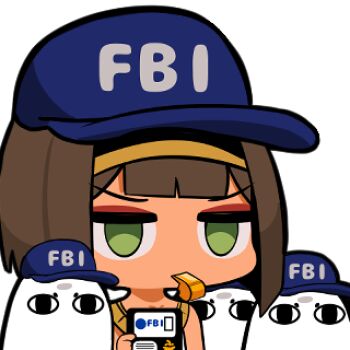 1girl ancient_egyptian astarte_(surio) baseball_cap blowing_whistle blunt_bangs brown_eyes brown_hair chibi chibi_only fbi fbi_hat green_eyes hat looking_at_viewer lowres medjed_(surio) original short_hair simple_background solo surio