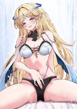 1girl absurdres bare_shoulders black_panties blonde_hair blue_eyes blush bra breasts cartethyia_(wuthering_waves) commentary crown_of_thorns earrings fingernails hair_intakes hand_on_own_crotch highres jewelry long_hair medium_breasts millchi multiple_earrings navel panties parted_bangs parted_lips pointy_ears sidelocks solo spread_legs stomach sweat tacet_mark_(wuthering_waves) thighs underwear white_bra wuthering_waves