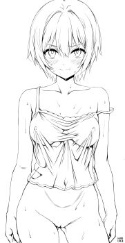 1girl absurdres amate_yuzuriha artist_name blush bottomless breasts camisole collarbone commentary covered_erect_nipples english_commentary gluteal_fold gundam gundam_gquuuuuux head_cha_la high_contrast highres looking_at_viewer medium_breasts navel pussy short_hair simple_background smile solo standing sweat thighs wet white_background