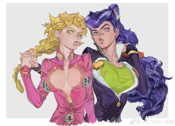 2girls adapted_costume bandage_on_nose blonde_hair braid breasts briefcase brooch chinese_commentary cleavage_cutout closed_mouth clothing_cutout commentary_request cowboy_shot diamond_wa_kudakenai earrings genderswap genderswap_(mtf) giorno_giovanna green_eyes green_shirt hair_ornament hair_tie heart heart_brooch heart_cutout higashikata_josuke holding holding_briefcase jacket jewelry jojo_no_kimyou_na_bouken lantern_madoyoi large_breasts light_blush long_hair long_sleeves looking_at_viewer multiple_girls open_clothes open_jacket pink_jacket pompadour ponytail purple_eyes purple_hair purple_jacket raised_eyebrow scrunchie shirt simple_background stud_earrings teeth upper_body vento_aureo