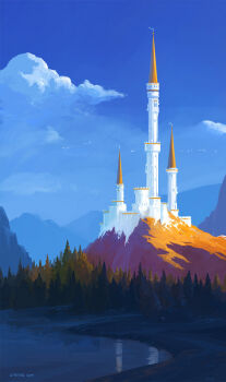 andreas_rocha artist_name blue_sky castle cloud commentary dated day english_commentary fantasy forest highres lake landscape mountain mountainous_horizon nature no_humans original outdoors painterly pine_tree reflection reflective_liquid scenery shore sky sunlight tower tree water