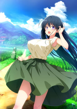1girl architecture arm_up black_hair blue_sky breasts cloud day dirt_road east_asian_architecture emoi_do female_focus field flower grass green_skirt hair_blowing hand_in_own_hair highres holding house large_breasts long_hair mountain original outdoors path power_lines purple_eyes rice_paddy road rural shirt short_sleeves skirt skirt_hold sky smile solo standing stone_wall summer tree utility_pole wall yellow_shirt