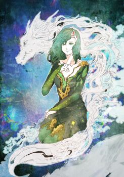 1girl aqua_eyes aqua_hair breasts bridal_sleeves cleavage closed_mouth collarbone dragon final_fantasy final_fantasy_iv final_fantasy_iv:_the_after_years hair_ornament hand_up light_smile medium_breasts medium_hair mist_dragon ruka_(blueplus84) rydia_(adult)_(ff4) rydia_(ff4) sitting twitter_username