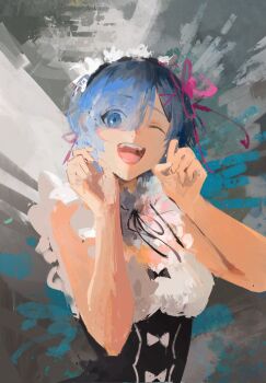 1girl blue_eyes blue_hair bow dongfang_shuo dress female_focus frilled_dress frills hair_over_one_eye hair_ribbon highres maid maid_headdress matching_hair/eyes one_eye_closed open_mouth pink_ribbon re:zero_kara_hajimeru_isekai_seikatsu rem_(re:zero) ribbon roswaal_mansion_maid_uniform short_hair smile solo teeth upper_teeth_only