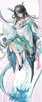 Rule 34 | 1girl, absurdres, arknights, black choker, black hair, black shoes, choker, closed mouth, colored skin, commentary, dragon girl, dragon horns, dragon tail, dress, dusk (arknights), green skin, hair over one eye, high heels, highres, horns, karenncat, long hair, looking to the side, multicolored skin, red eyes, shoes, single bare shoulder, smile, solo, tail, white dress