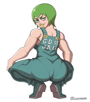 1girl artist_name ass blue_eyes broly_culo_(meme) female_focus foo_fighters_(jojo) full_body highres huge_ass jojo_no_kimyou_na_bouken lipstick luckyshazo makeup meme smile solo squatting stone_ocean white_background