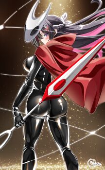 1girl absurdres ass azki_(hololive) black_bodystocking black_eyes black_hair blue_eyes blurry blush braid breasts cloak colored_inner_hair commentary_request cosplay flower_hairpin from_behind half_up_half_down_braid highres holding holding_weapon hollow_knight hollow_knight:_silksong hololive horned_mask hornet_(hollow_knight) hornet_(hollow_knight)_(cosplay) humanization inokeiwd large_breasts light_particles long_hair looking_at_viewer looking_back mask mask_on_head mole mole_under_eye multicolored_hair needle_(hollow_knight) parted_lips pink_hair red_cloak red_streaks shiny_clothes sideboob signature solo standing tight_clothes virtual_youtuber weapon white_mask white_streaks wire